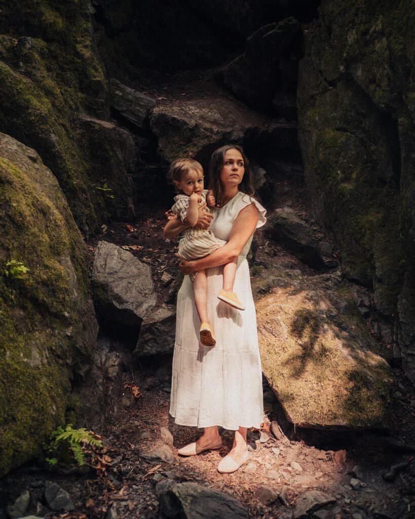 A mother and son embrace during a wilderness family photoshoot  near Vancouver with Zur Photography.

